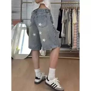 청 여사친 빈티지 A라인 청바지 청반바지 반바지 빅사이즈 하이웨스트 별 다리 프린트 5부 BE1