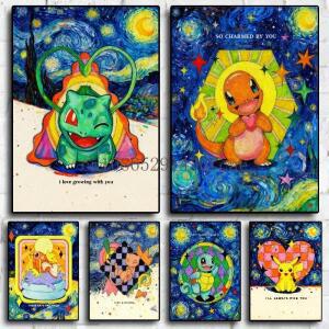 포켓몬 반 고흐 별이 빛나는 밤 캔버스 아트 벌바사우르 샤르마nder 포스터 낭만적인 인호환문 벽 프린트