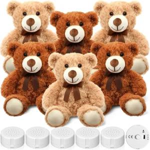 할로스큐메 6팩 14마리 곰 인형 음성 녹음기 세트 30초 생일 선물 지퍼 사운드 빈 포함 (브라운 카키)