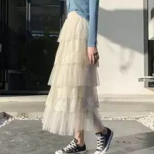 [애슬릿] 레이스 롱 스커트 캉캉 셔링 밴딩 봄 맥시 화이트