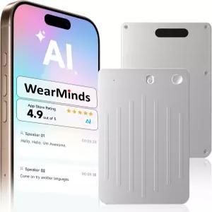 WearMinds AI 음성 녹음기 케이스 포함 노트카드 앱 제어 실시간 전사 및 요약 기술 다국어 긴 배터리 수명