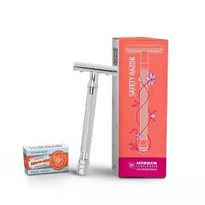 MERKUR 24C 더블 엣지 블레이드 10개 여성용 안전 면도기 엑스트라 롱 핸들 3피스 스트레이트 컷 브라이트