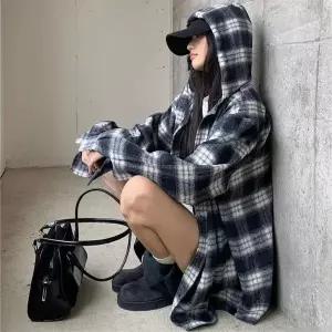 [하프클럽/]여자 격자 박시핏 클래식 후디 남방