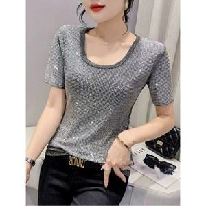 라인댄스 상의 반짝이 스팽글 살사 응원복 슬림 블랙 라운드넥 슬리밍 망사 칠부 섹시한