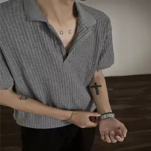 폴로셔츠 스탠드 카라 차이나 폴로티 티 셔츠 반팔카라티 여름 칼라 올드 머니 스타일 회색 니트 폴로 남자