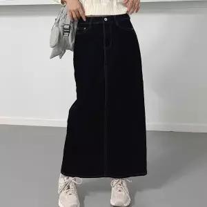 여자 진 슬릿 벨벳치마 자수 H라인 검정 롱스커트_3