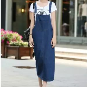 여자 멜빵 데님 롱 스커트 치마 캐주얼 진청 옷