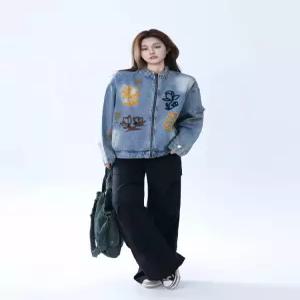 여성용 청 가을 자켓 이른 그라데이션 핸드페인팅 그래피티 코트 ST3