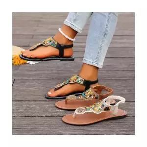 알마센 여성 스트랩 샌들 슈즈 플랫 여름 빅사이즈 조리 보헤미안 큐빅 비즈 ADOR2