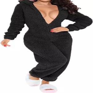 HRESSLBD 여성용 웜 퍼지 후드 롬퍼 팬츠 플레이슈트 점프수트