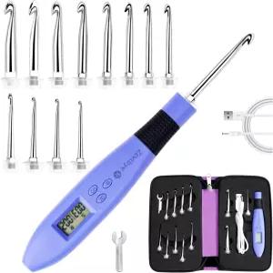 케이스 포함 코바늘 세트 - 12가지 크기의 교체 가능한 금속 헤드(2.0？8.0mm) 디지털 카운터가 있는 충전식