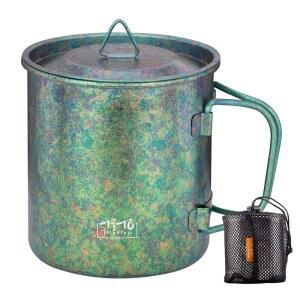 뚜껑이 있는 TiTo 티타늄 컵 냄비 초경량 휴대용 450ml 접이식 손잡이 캠핑 티 커피 워터 머그잔 야외 배낭 하이킹 피크닉 음료 도구 메쉬 자루(녹색)