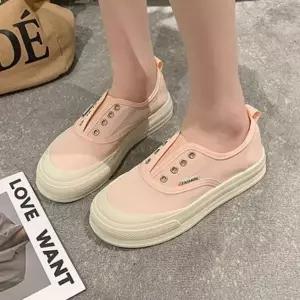 핑크 플랫슈즈 슬립온 스니커즈 여성 통굽 캔버스 꾸안꾸신발 꾸안꾸 신발