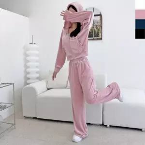 여자 GQQ 와이드 트레이닝복 벨벳 집업 후드 트레이닝 벨로아 ST113 크롭 셋업 세트