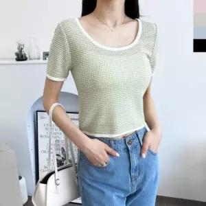 라운드넥 CBB 여자니트 1080 여성상의 와플니트 여자깊은U넥반팔와플니트 U넥 반팔 2L