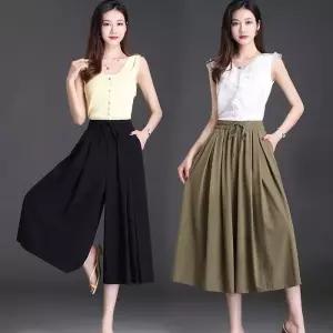 여자 밴딩 하이웨스트 빅 7부 외출 와이드 얇은 바지 허리 치마