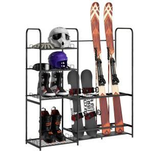 차고용 스키 랙, 독립형 보관 금속 홀더, 선반 포함, 튼튼한 바닥 스탠드 정리함, 스노우보드 폴 부츠 고글 헬멧