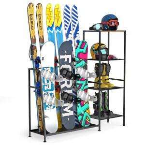 Maonlyking 독립형 스노보드 랙 - 스키 4쌍용 홀더, 스노우보드, 부츠, 폴, 고글, 헬멧 등 3팩, 차고, 창고, 지하실용 튼튼한 스틸 바닥 스탠드 정리함
