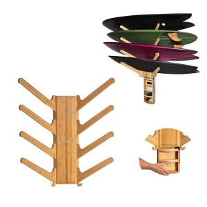 LISS The Sun Rack - 프리미엄 목재 서핑보드 벽 마운트 랙 디스플레이, 스키, 스노우보드 홀더, 차고 및 가정용 보관용 보드 4개 보드용 롱보드 쇼트보드, 웨이크보드용 내장 서랍 후크 포함