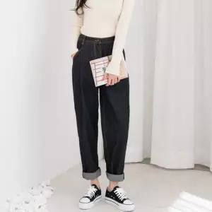 여자 블랙 핀턱 오버핏 허리 뒷밴딩 배기 데님 청바지