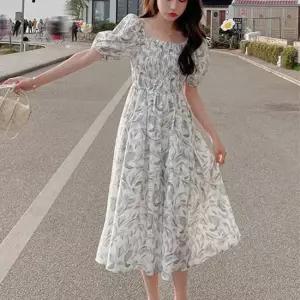 여성 플라워 A라인 롱원피스 화이트 1P 퍼프 소매 퍼프소매원피스 반팔원피스