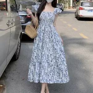 여성 플라워 스퀘어넥 롱원피스 1P 어깨 프릴 휴양지 밴딩나시원피스 끈나시원피스