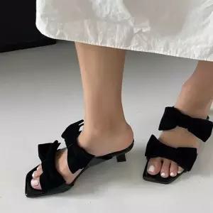 빅사이즈 더블리본 발등스트랩포인트 미들굽 슬리퍼힐 여성슬리퍼 여름슬리퍼