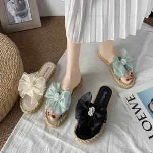 여자 여름 진주구슬 리본 슬리퍼 러블리 로우 실외화 여자슬리퍼 털슬리퍼 실내슬리퍼