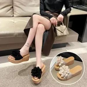플라워 통굽 슬리퍼 9cm 키높이 여름 실내화 여자슬리퍼 리본통굽슬리퍼 사무실슬리퍼