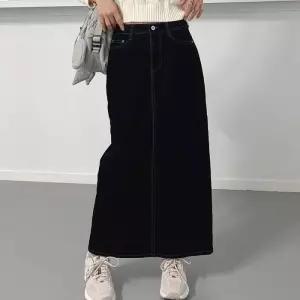 여자 벨벳치마 뒤트임 일자 데님 롱스커트_3