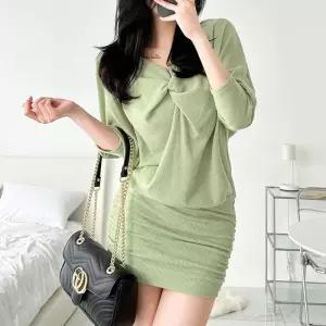 여자 봄 블랙 연두 꼬임 타이트핏 미니원피스_3