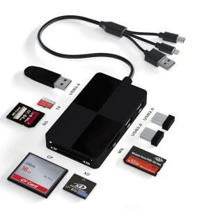 [미국배송] 메모리 스틱 프로 듀오 어댑터 리더 - 8 IN 1 SD /TF /MS /CF /XD 카드 리더 아이폰호환 /컴퓨터 /USBC 장치용 USB 2.0 포트 3개 내장 3IN1 커넥터(라이트닝 USBC 및 USBA) 플러그 앤 플레이