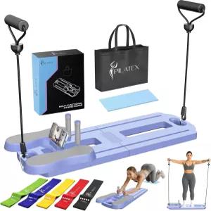 필라텍스 필라테스 보드 - 저항 밴드가 있는 접이식 리포머 바 여행 가방 여성 및 남성을 위한 전신 근력