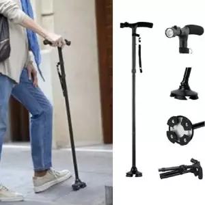 노인 접이식 스틱 4발 지팡이 건강 램프 LED 장착 노년