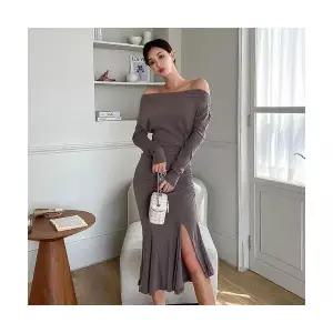 여성용 니트 원피스 치마 하객 보트넥 앞트임 슬림핏 BE1