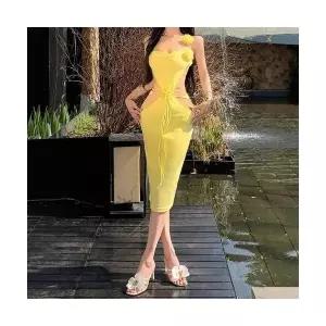 여사친 스커트 미니 니트 여름 하객 입체 꽃 홀터넥 옆 허리 펀칭 배색 노랑 바캉스 비치 BE1