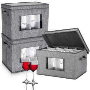 Norme 칸막이 포함 3팩 와인 잔 보관 상자, 12칸 스템웨어 케이스 뚜껑 손잡이 창이 있는 샴페인 플루트 박스 이동용 중국 컨테이너 정리함 (와인 글라스 사이즈, 그레이)