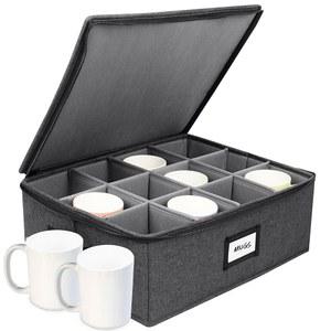 HOMELUX THEORY 칸막이 포함 머그 보관 상자, 하드 쉘 중국 용기, 튼튼한 커피 컵 상자 및 유리 제품 보관용 이사 뚜껑, 두꺼운 표면 손잡이