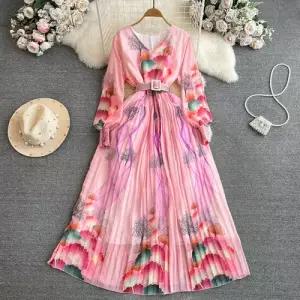 여성 원피스 레이스 하객 봄가을 부드러운 등롱 긴팔 브이넥 조임 A라인 프린트 러블리 롱스커트 BE3