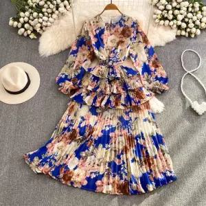 여성 원피스 빈티지 레이스 하객 봄가을 긴팔 라운드넥 A라인 프린트 프릴 케이크 러블리 롱스커트 BE3