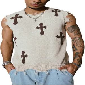 베르두사 남성용 찢어진 스웨터 조끼 여름 스트리트웨어 고스 민소매 니트 상의