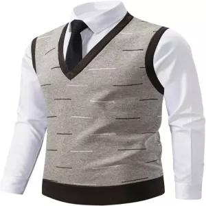 OYOANGLE 남성 V넥 스웨터 조끼 프린트 작업 드레시한 민소매 니트 풀오버