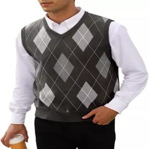 남성 아가일 니트 조끼 V 넥 민소매 캐주얼 슬림 핏 풀오버 스웨터