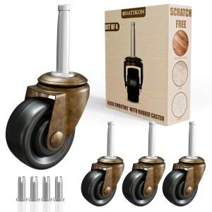 의자, 소파, 서랍장을 위한 고무 바퀴가 달린 앤티크 황동 캐스터 1-5/8인치 스템 교체 | 원목 바닥용 빈티지 가구 롤러 4종 세트