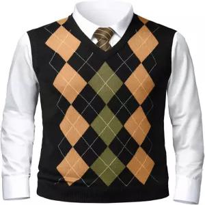 가펑 남성 아가일 스웨터 브이넥 캐주얼 겨울 슬림 핏 경량 민소매 니트 조끼