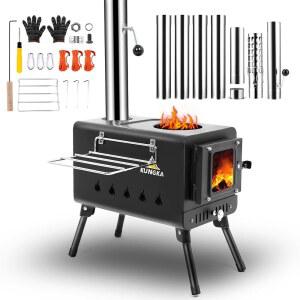 쿵카 블랙 우드 버닝 텐트 스토브, 7 섹션 스테인리스 굴뚝, 캠핑, 사냥, 얼음 낚시를 위한 휴대용 핫 스토브