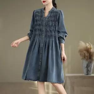 하프 데님 여성용 가을 공정 브이넥 재킷 헤비 루즈핏 트렌치코트 싱글 ST3