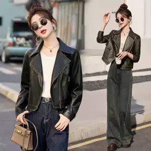 여성 검정 빈티지 춘추 자켓 점퍼 가죽 숏기장 무스탕 코트 ST1