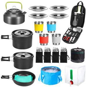 Gejoy 42개 캠핑 조리기구 메시 키트, 논스틱 경량 냄비 팬 주전자, 접이식 물통 및 양동이, 스테인리스 스틸 컵 접시 포크 나이프 스푼으로 야외 배낭여행 피크닉을 즐길