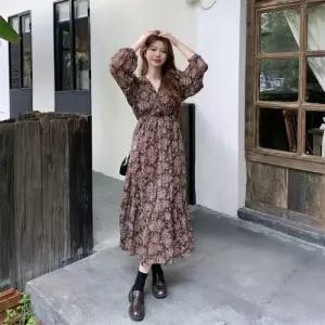 원피스 하이웨스트 프렌치 긴팔 브이넥 빅사이즈 여자쉬폰원피스 조추 ible3